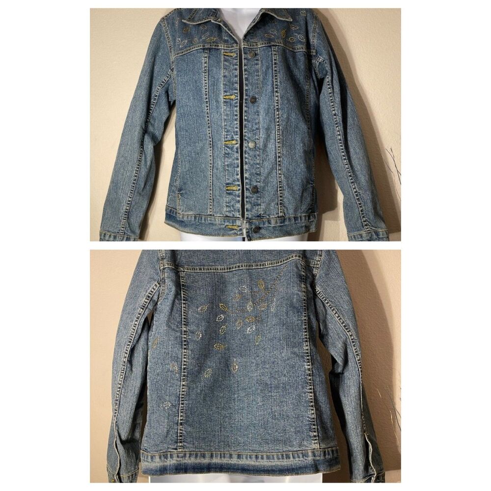Sunburst Vintage Denim Jacket Studded Leaf Design Gold Silver Embellished Large